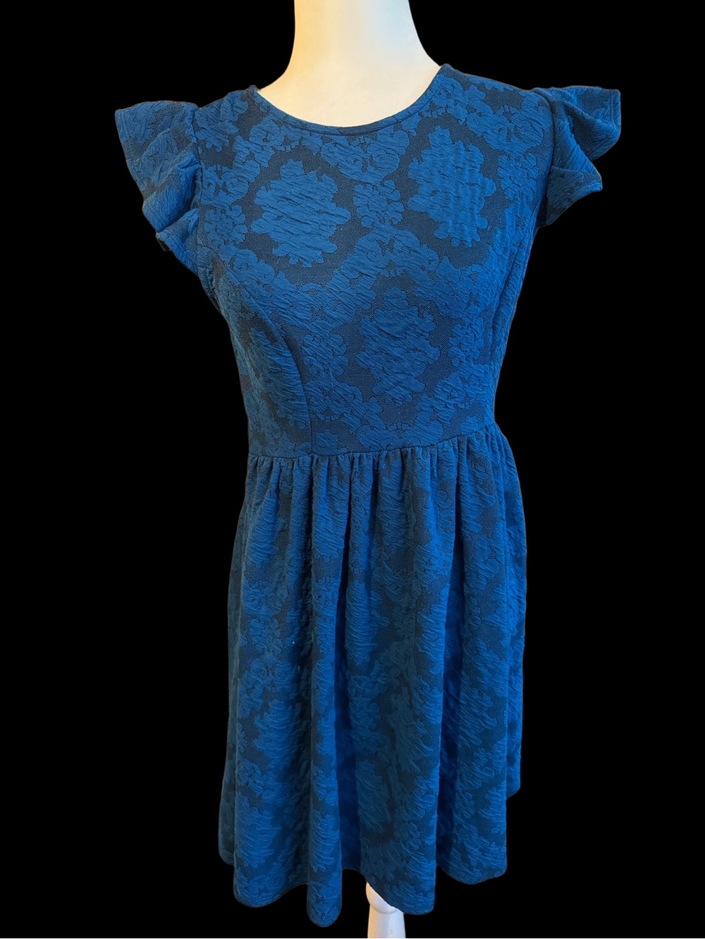Xhilaration Blue Damask Floral Fit-and-Flare Mini Dress